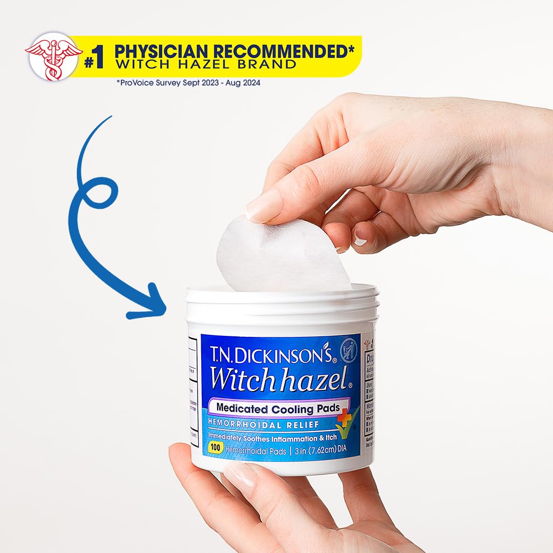 T.N. Dickinson’s Medicated Cooling Pads with Witch Hazel and Aloe | Hemorrhoid Treatment, Postpartum Care, Feminine & Rectal Relief | 100 Rounds - Maple Wellness Supplements
