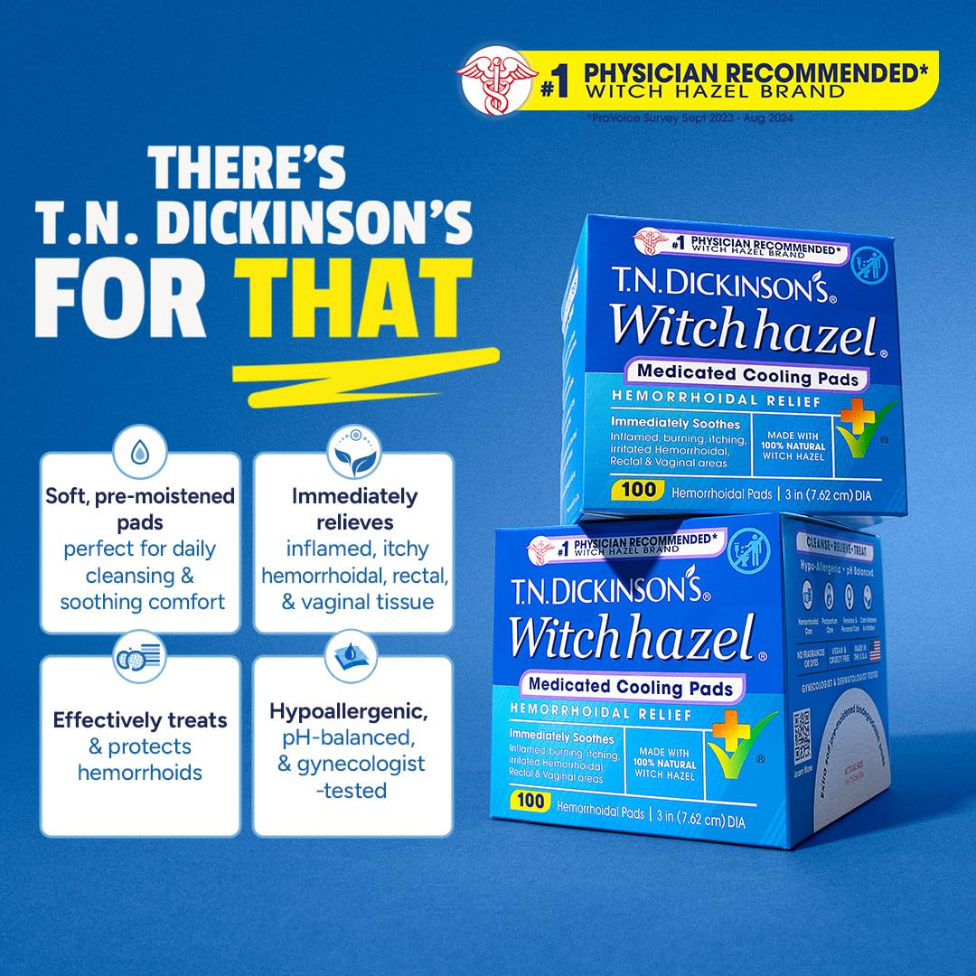 T.N. Dickinson’s Medicated Cooling Pads with Witch Hazel and Aloe | Hemorrhoid Treatment, Postpartum Care, Feminine & Rectal Relief | 100 Rounds - Maple Wellness Supplements