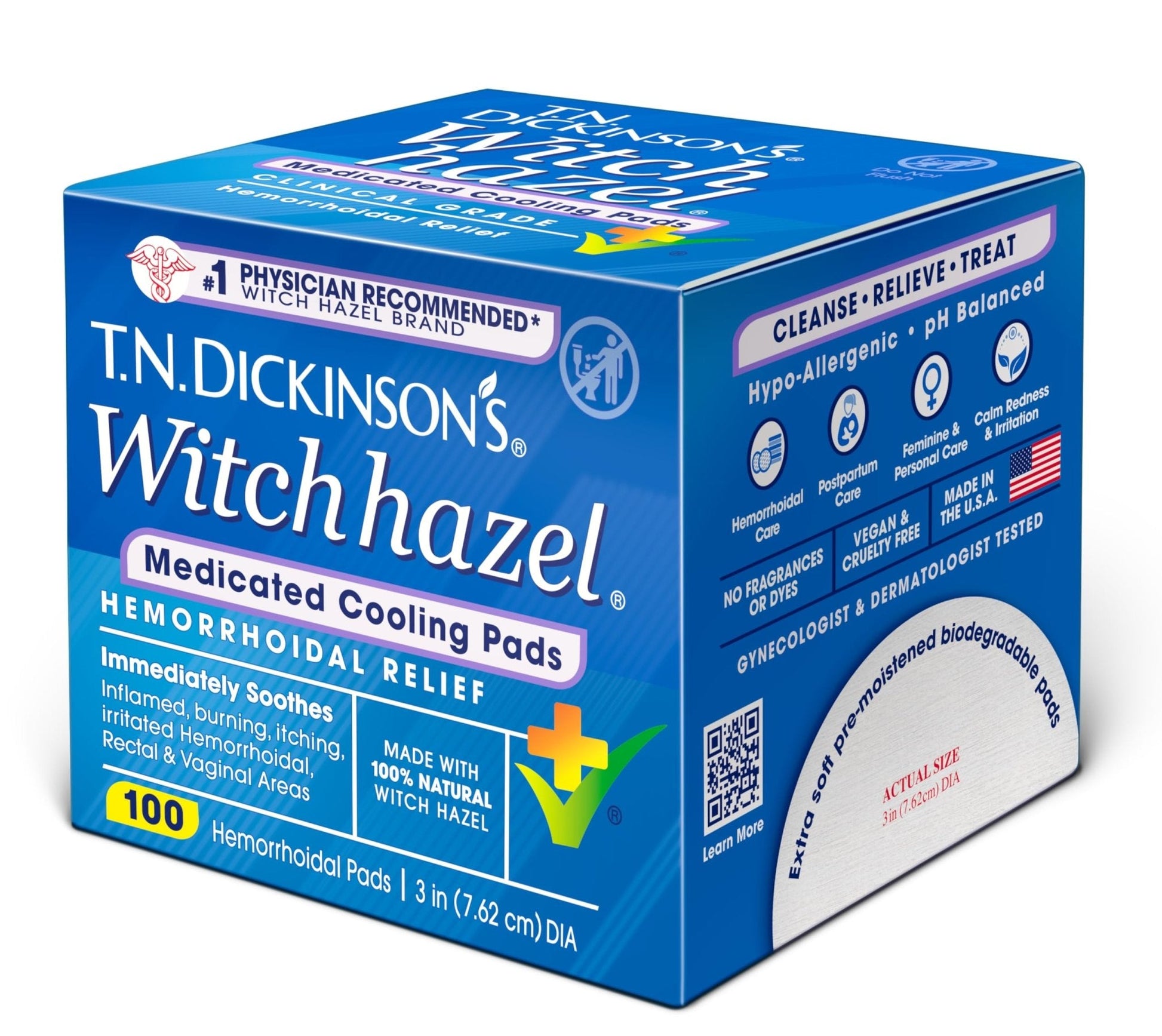 T.N. Dickinson’s Medicated Cooling Pads with Witch Hazel and Aloe | Hemorrhoid Treatment, Postpartum Care, Feminine & Rectal Relief | 100 Rounds - Maple Wellness Supplements