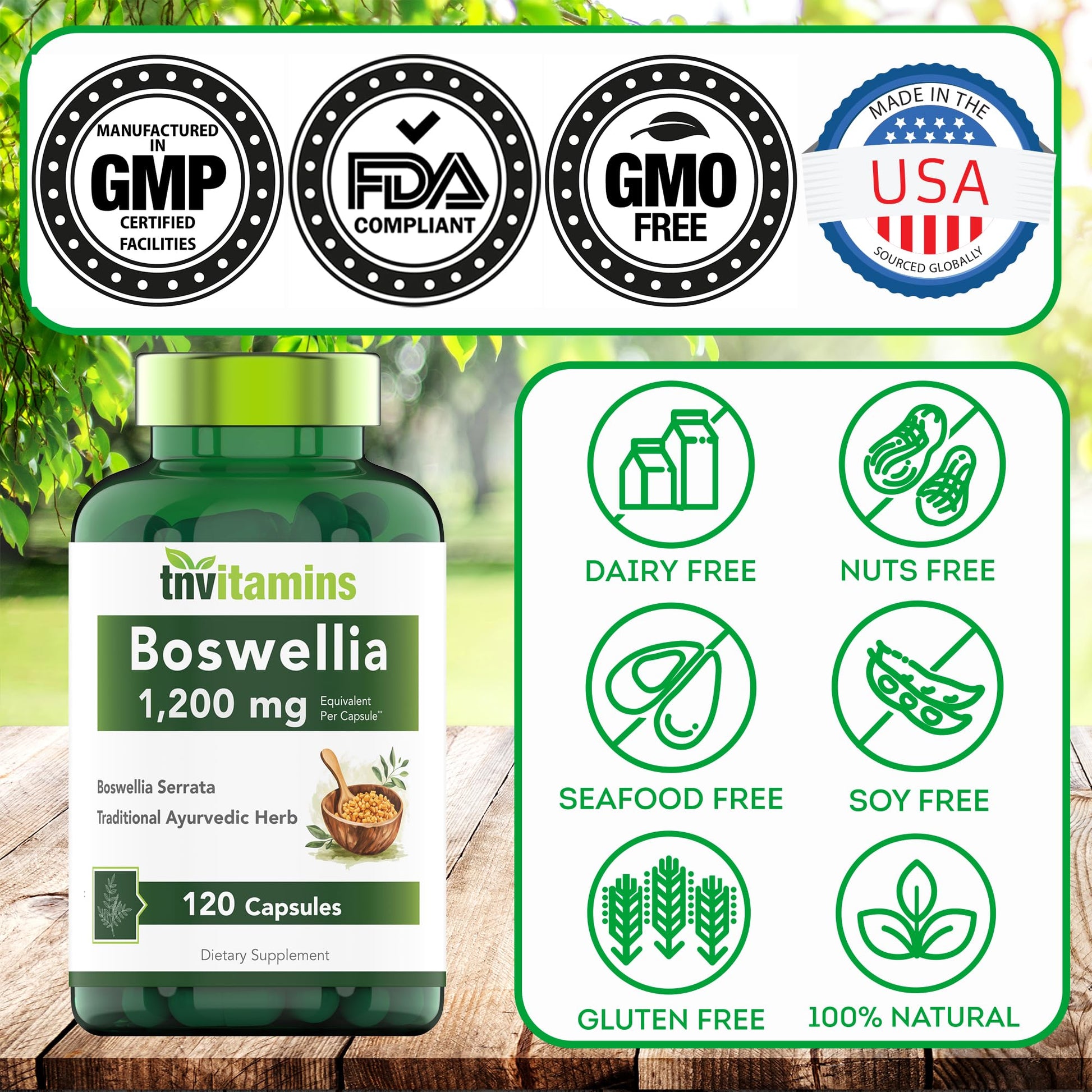 tnvitamins Boswellia Extract Capsules, 120 Count | 1,200 mg Per Capsule | 65% Boswellic Acids + 10:1 Concentrated Extract | Boswellia Serrata - Maple Wellness Supplements