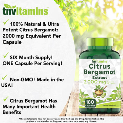 tnvitamins Citrus Bergamot 2000mg - 180 Capsules | Ultra Potent Citrus Bergamot Supplement 2000 mg Per 1 Capsule Serving - Maple Wellness Supplements