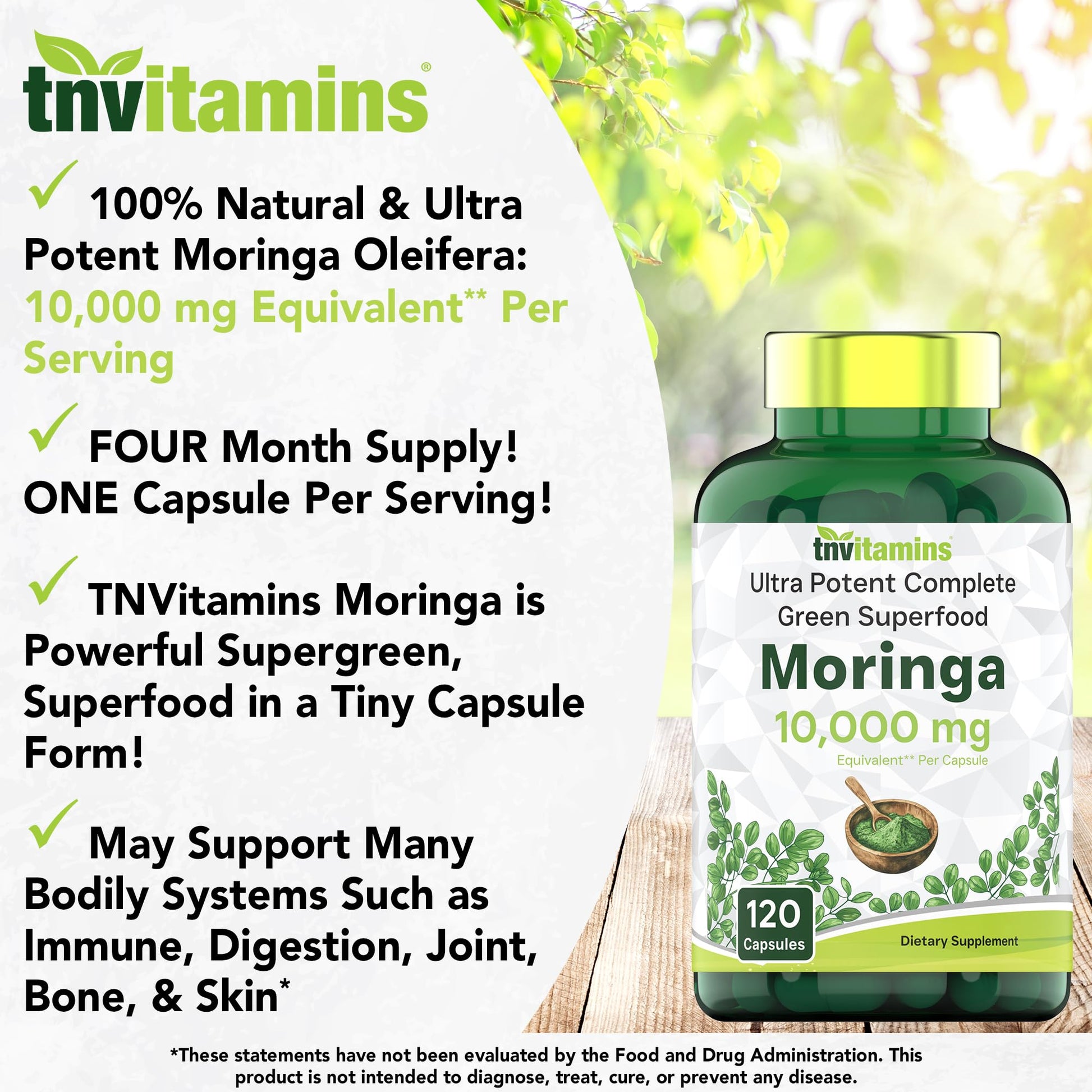 tnvitamins Moringa Capsules 10,000 mg - 120 Capsules | High Potency Moringa Leaf Extract Superfood Supplement for Energy - Maple Wellness Supplements