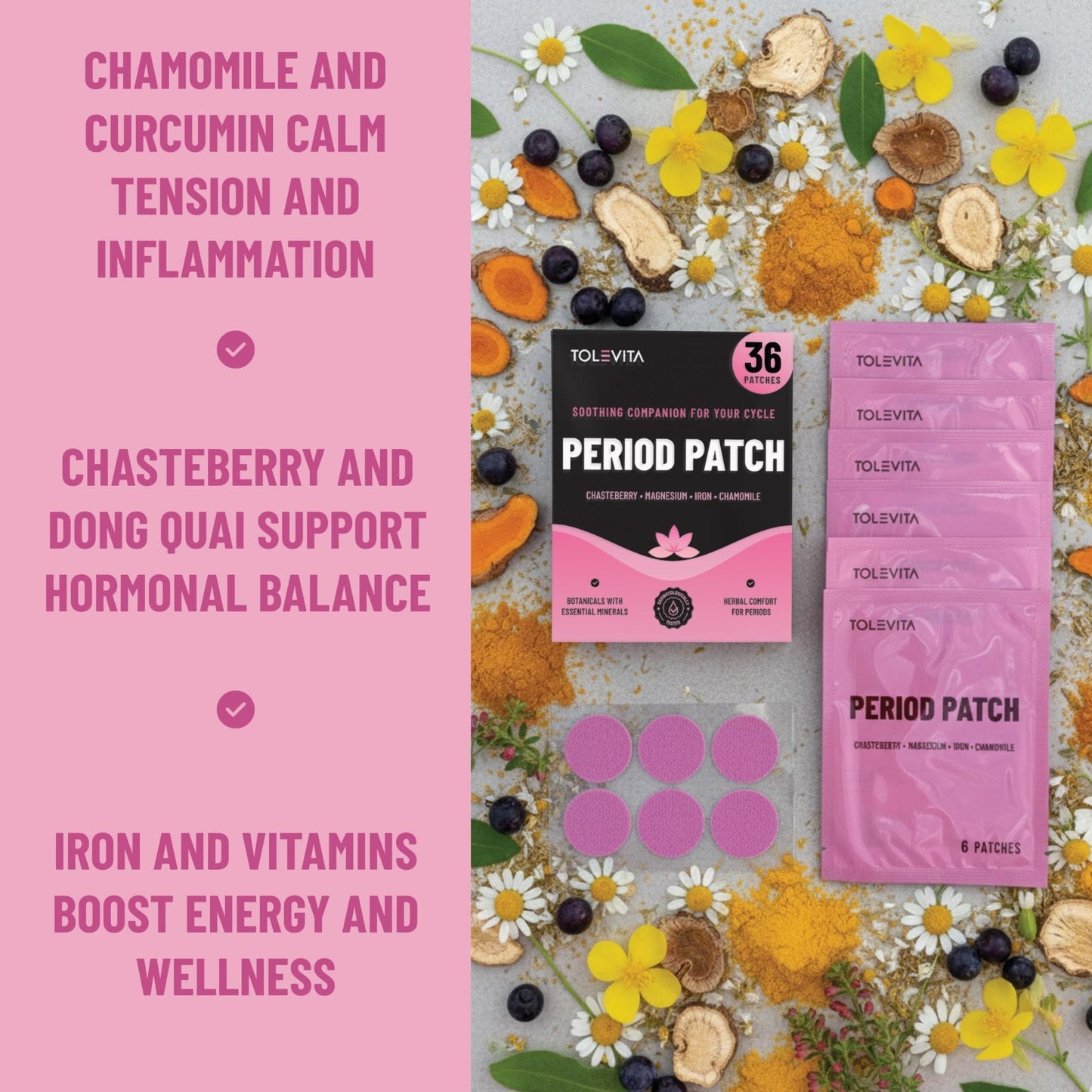 TOLEVITA Period Relief Patches 36 Pcs – Herbal Cramp Support with Chasteberry, Magnesium, Evening Primrose, Dong Quai, Curcumin, Vitamins B6 & E, Iron, Chamomile – Hormonal Balance & Menstrual Comfort - Maple Wellness Supplements