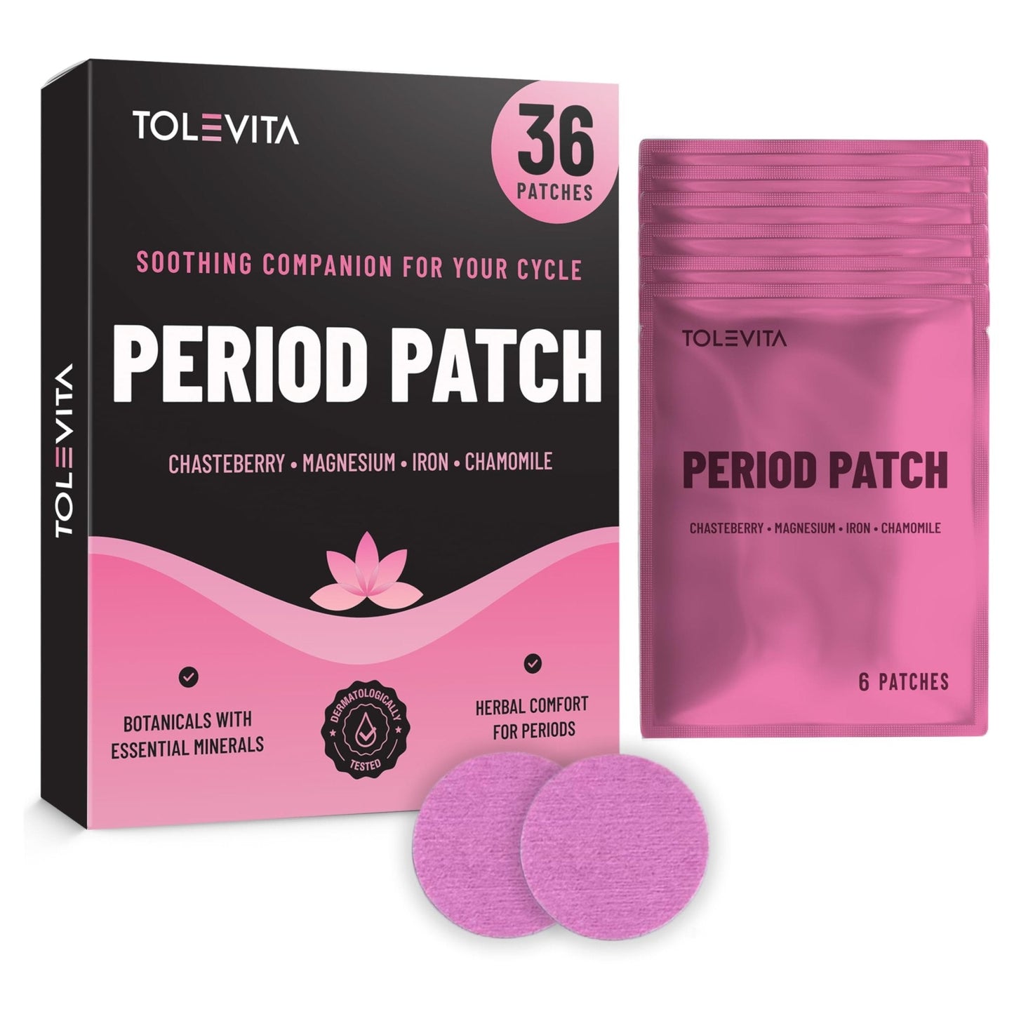 TOLEVITA Period Relief Patches 36 Pcs – Herbal Cramp Support with Chasteberry, Magnesium, Evening Primrose, Dong Quai, Curcumin, Vitamins B6 & E, Iron, Chamomile – Hormonal Balance & Menstrual Comfort - Maple Wellness Supplements