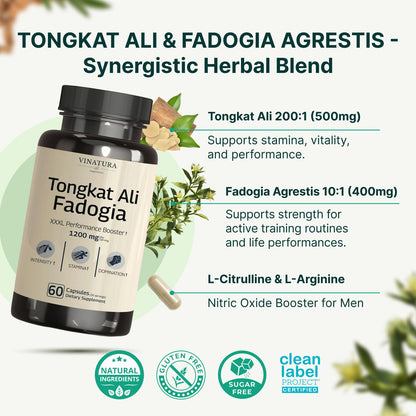 Tongkat Ali Fadogia Agrestis - 1200mg, Enhanced with Nitric Oxide Booster Supplement, Longjack Tongkat Ali for Men, - Maple Wellness Supplements