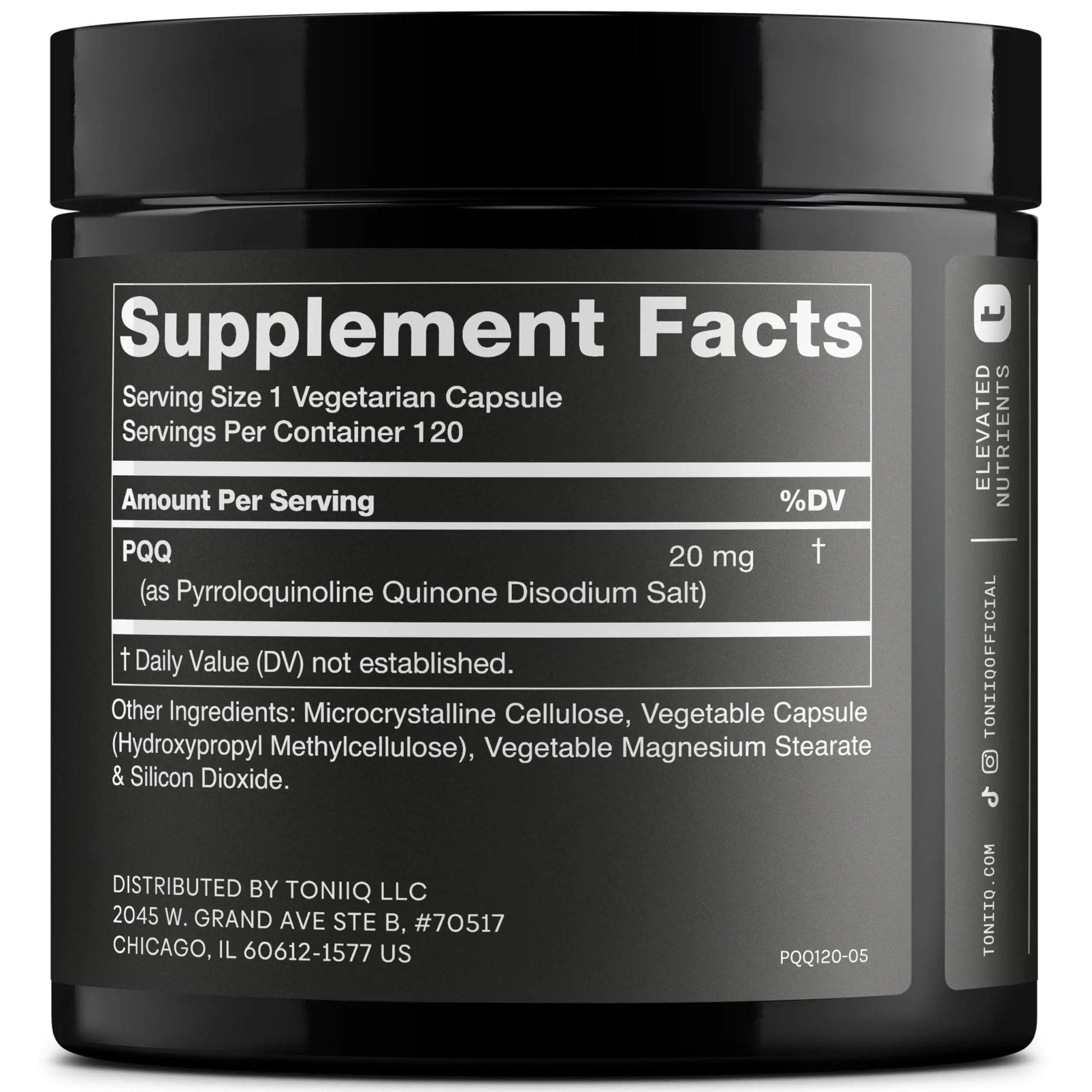 Toniiq 99%+ 20mg Supplement - Ultra High Purity PQQ 20mg Concentrated Formula - PQQ 20 mg 120 Capsules - Pyrroloquinoline Quinone Supplement - 1 Capsule Serving - Vegetarian Capsules - Maple Wellness Supplements