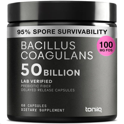 Toniiq Bacillus Coagulans Probiotic Supplement – Ultra High Strength 50 Billion CFU with FOS Prebiotic – Spore-Based Probiotic for Exceptional Stability – Third-Party Tested – 60 Capsules - Maple Wellness Supplements