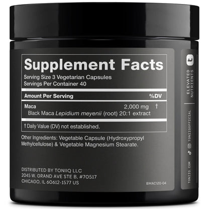 Toniiq Black Maca Root - Ultra High Potency 20:1 Extract - Single Origin, Wildcrafted & Highly Concentrated - Third-Party Lab Tested - 120 Capsules - Maple Wellness Supplements