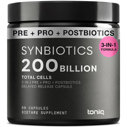 Toniiq Prebiotics and Probiotics – 200B TFU with Postbiotics IMMUSE® & ButyraGen® – 30 Strains – Shelf-Stable Synbiotic Formula – Third-Party Tested – 60 Capsules - Maple Wellness Supplements