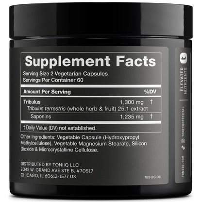 Toniiq Tribulus Terrestris for Men - Ultra High Potency 25:1 Extract with 95% Saponins - 1300mg Pure & Concentrated Formula - Third-Party Lab Tested for Purity & Quality - 120 Capsules - Maple Wellness Supplements