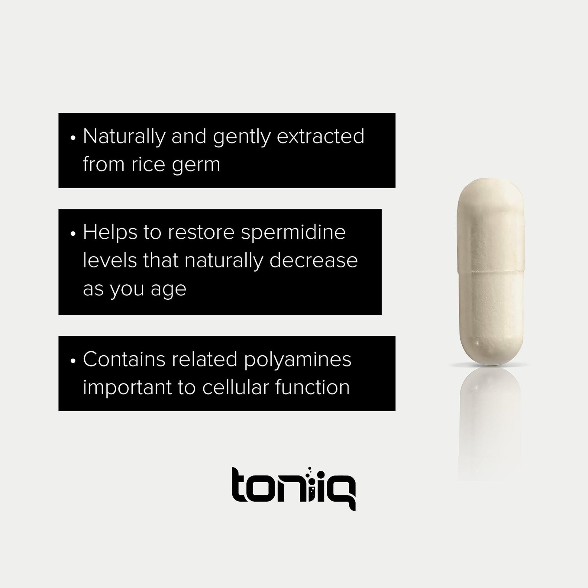 Toniiq Ultra Concentrated 500mg Spermidine Supplements for Men and Women - Non-Synthetic Spermidine Standardized to No Less Than 1% - 5mg per Serving Rice Germ Extract - Maple Wellness Supplements