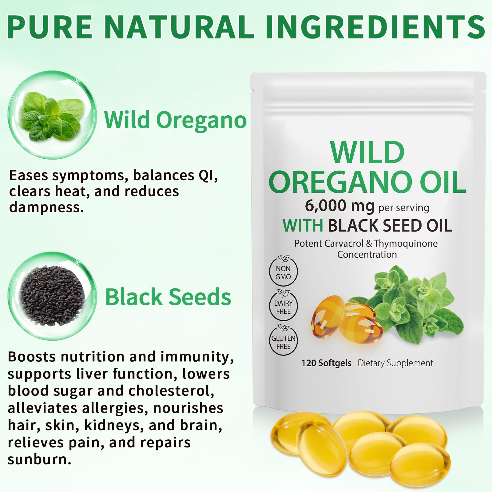 Tooffi Oil of Oregano Softgels,Oregano Oil Capsules Organic,2-in-1 6000mg Oil of Oregano with Black Seed Oil 200mg,Oregano Oil - Maple Wellness Supplements