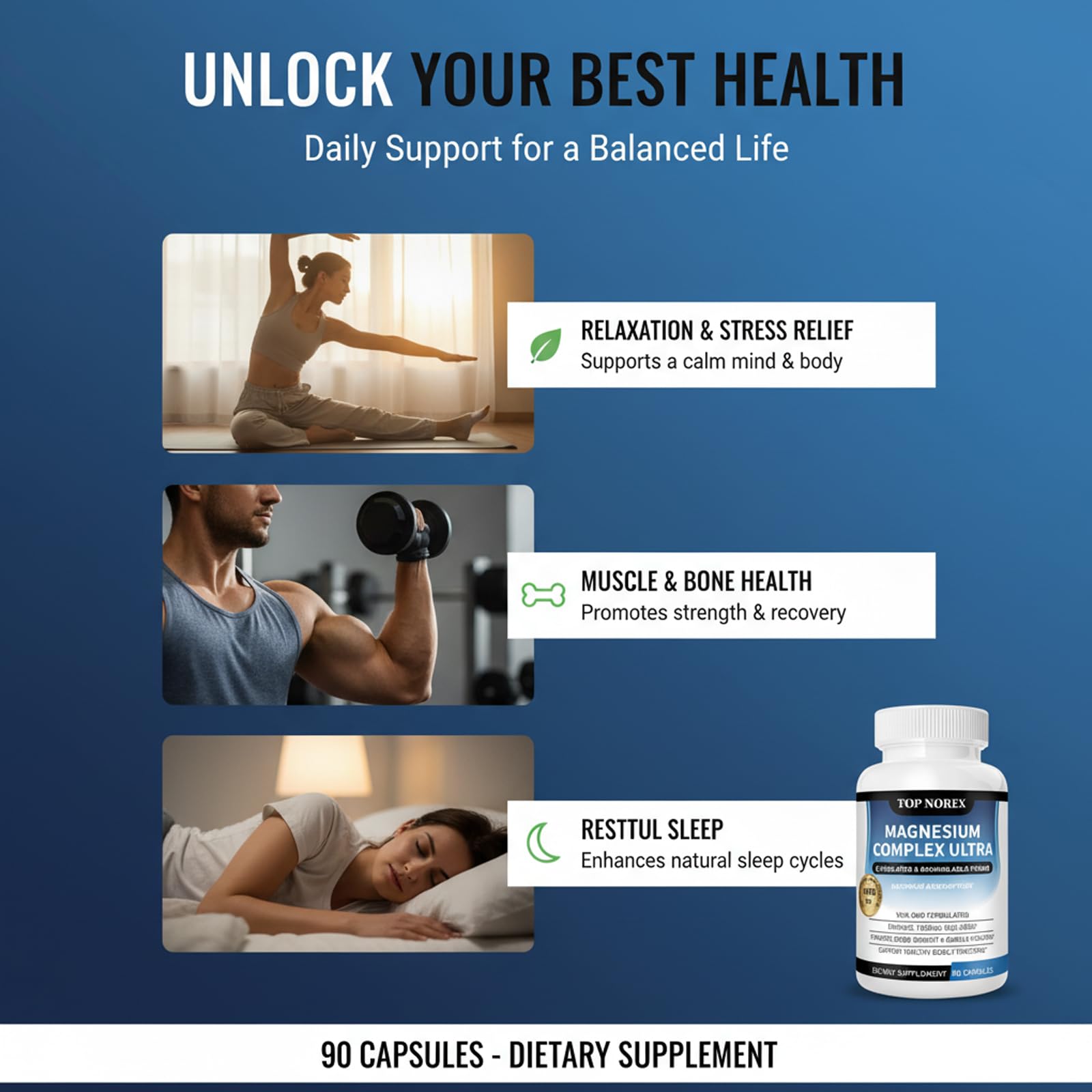 Top Norex Magnesium Complex Ultra - 8 Elemental 1000mg Magnesium Blend, Easy Absorption, 90 Capsules (1) - Maple Wellness Supplements