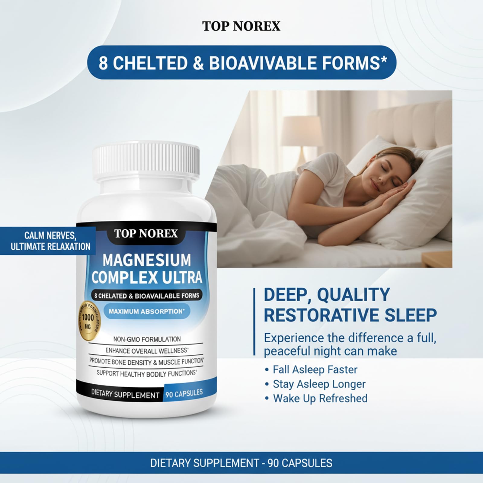 Top Norex Magnesium Complex Ultra - 8 Elemental 1000mg Magnesium Blend, Easy Absorption, 90 Capsules (1) - Maple Wellness Supplements