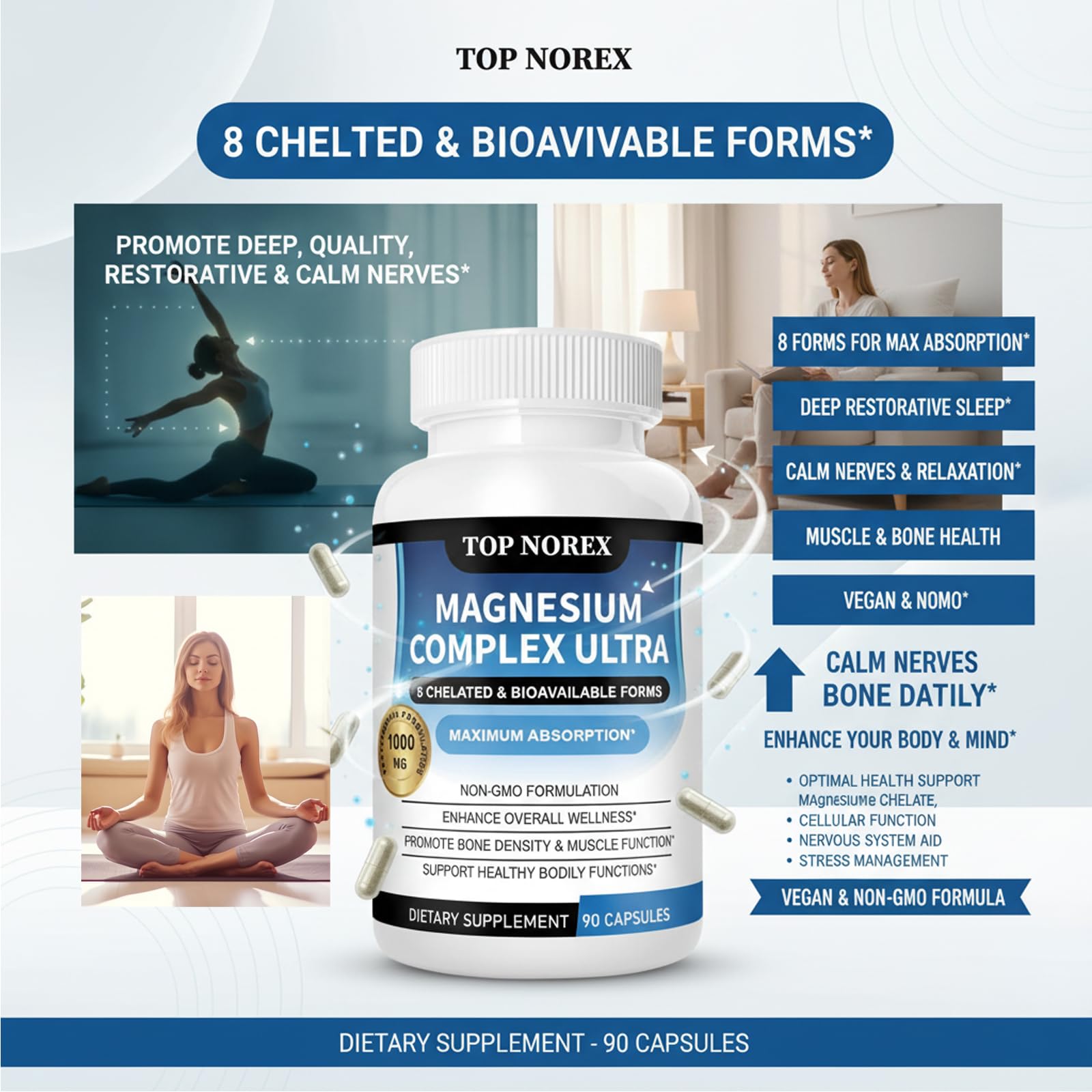 Top Norex Magnesium Complex Ultra - 8 Elemental 1000mg Magnesium Blend, Easy Absorption, 90 Capsules (1) - Maple Wellness Supplements