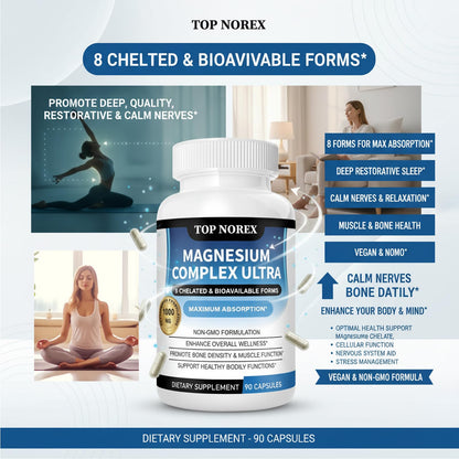 Top Norex Magnesium Complex Ultra - 8 Elemental 1000mg Magnesium Blend, Easy Absorption, 90 Capsules (1) - Maple Wellness Supplements