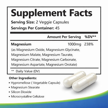 Top Nurex Magnesium Complex 1000 mg, 8-Source Magnesium Blend with Glycinate, Citrate, Malate & Taurate, Vegan Formula, Non-GMO, 90 Capsules - Maple Wellness Supplements