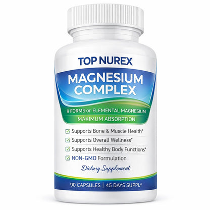 Top Nurex Magnesium Complex 1000 mg, 8-Source Magnesium Blend with Glycinate, Citrate, Malate & Taurate, Vegan Formula, Non-GMO, 90 Capsules - Maple Wellness Supplements