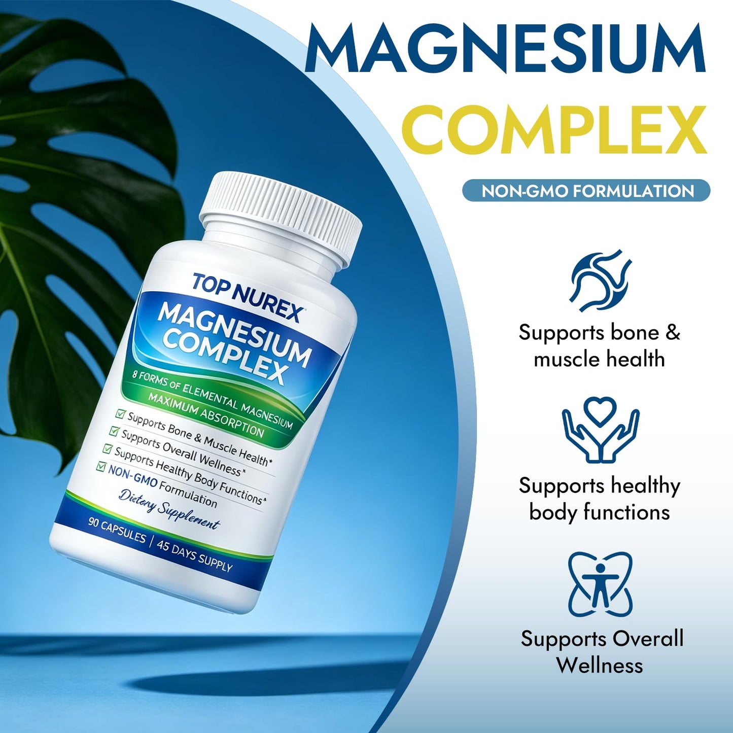 Top Nurex Magnesium Complex 1000 mg, 8-Source Magnesium Blend with Glycinate, Citrate, Malate & Taurate, Vegan Formula, Non-GMO, 90 Capsules - Maple Wellness Supplements
