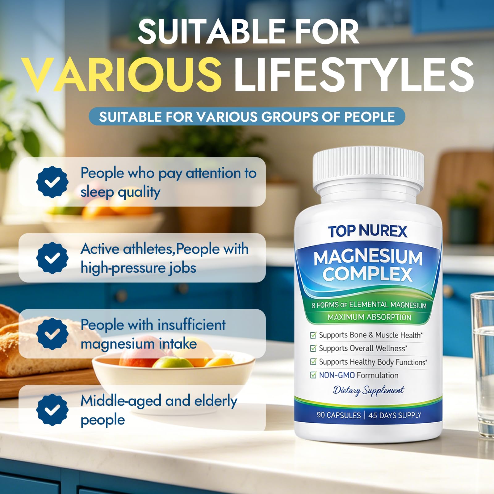 Top Nurex Magnesium Complex 1000 mg, 8-Source Magnesium Blend with Glycinate, Citrate, Malate & Taurate, Vegan Formula, Non-GMO, 90 Capsules - Maple Wellness Supplements