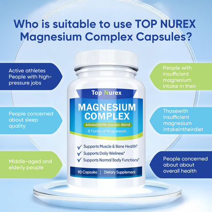 Top Nurex Magnesium Complex 1000 mg, 8-Source Magnesium Blend with Glycinate, Citrate, Malate & Taurate, Vegan Non-GMO Formula, 90 Capsules - Maple Wellness Supplements