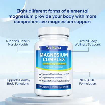 Top Nurex Magnesium Complex 1000 mg, 8-Source Magnesium Blend with Glycinate, Citrate, Malate & Taurate, Vegan Non-GMO Formula, 90 Capsules - Maple Wellness Supplements