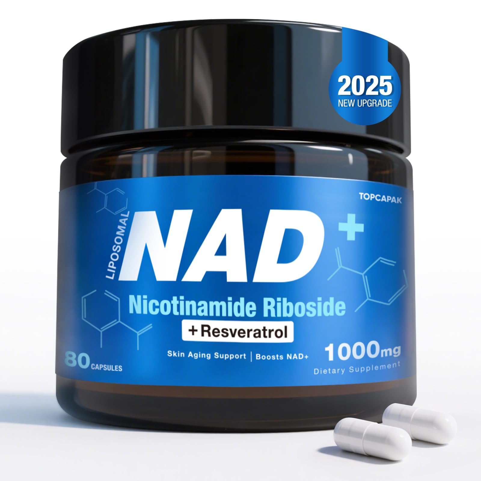 TOPCAPAK NAD+ Supplement - NAD Nicotinamide Riboside Resveratrol, Liposomal NAD+ Supplement 1000mg for for Women & Men - Healthy Aging, Brain and Cellular Energy, Non-GMO, 80 Capsules - Maple Wellness Supplements