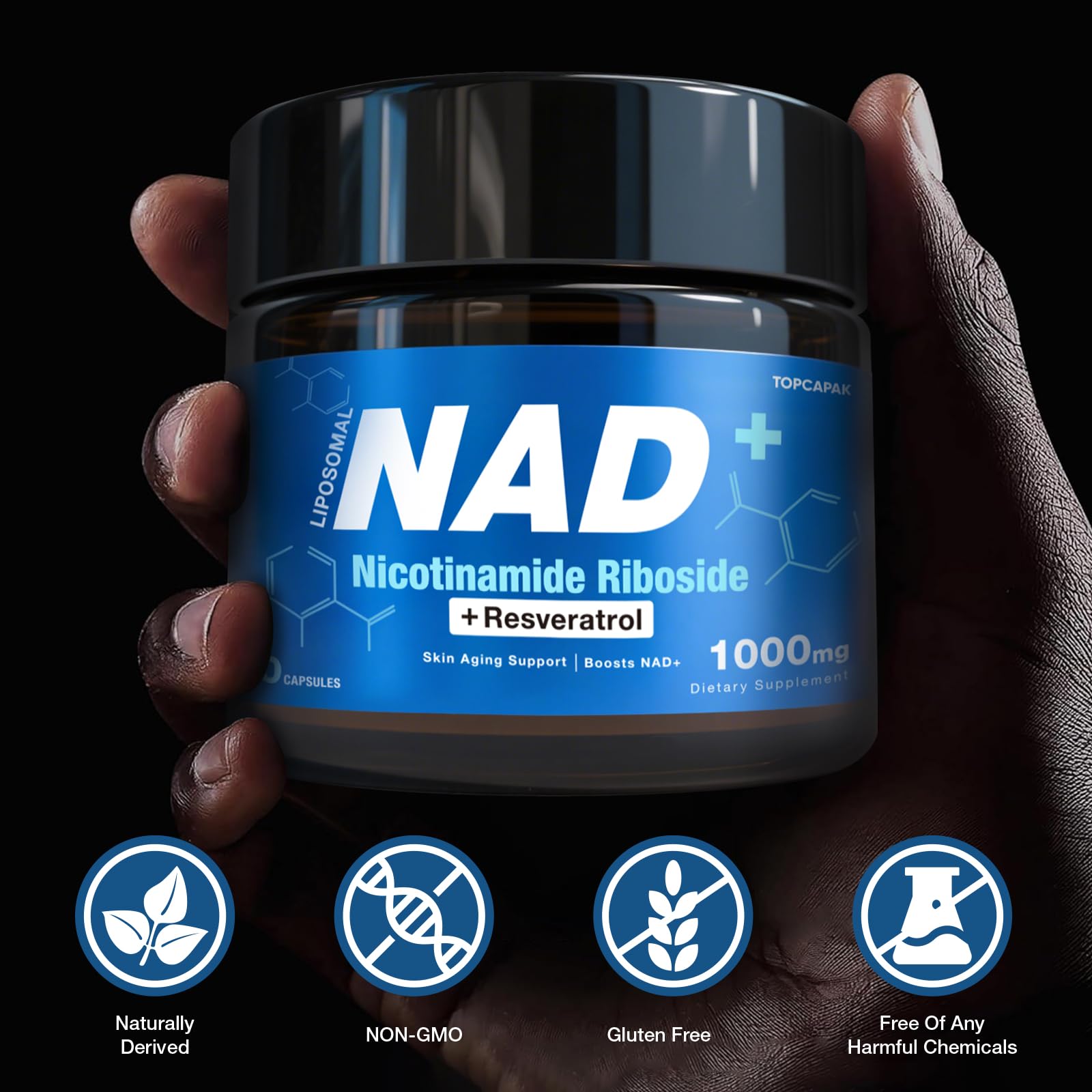 TOPCAPAK NAD+ Supplement - NAD Nicotinamide Riboside Resveratrol, Liposomal NAD+ Supplement 1000mg for for Women & Men - Healthy Aging, Brain and Cellular Energy, Non-GMO, 80 Capsules - Maple Wellness Supplements