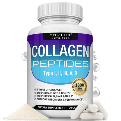 Toplux Multi Collagen Peptides Pills 1800 Mg Complex - Type I, II, III, V, X Premium Collagen Complex for Better Skin & Hair, Strong Joint, Hydrolyzed Protein - Maple Wellness Supplements