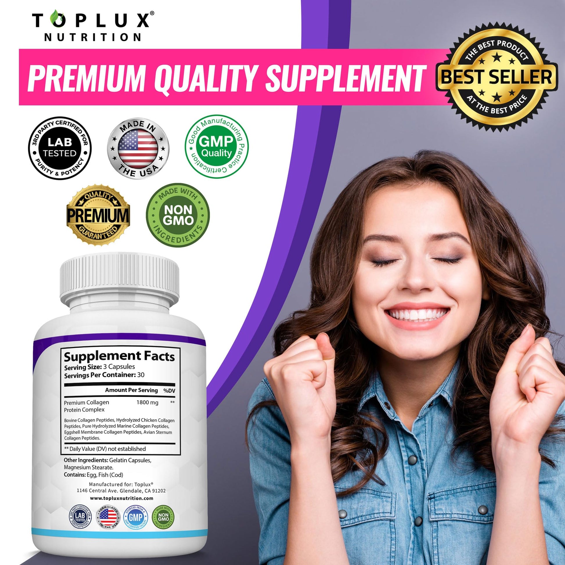Toplux Multi Collagen Peptides Pills 1800 Mg Complex - Type I, II, III, V, X Premium Collagen Complex for Better Skin & Hair, Strong Joint, Hydrolyzed Protein - Maple Wellness Supplements