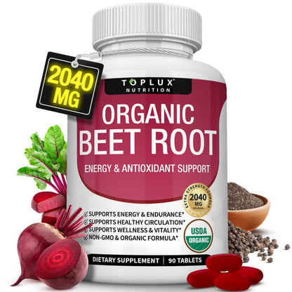 Toplux Organic Beet Root Powder Tablets - 2040mg Natural Nitric Oxide Beets to Support, Energy, Black Pepper Better Absorption, Non-GMO, for Men Women, 90 Tablets - Maple Wellness Supplements