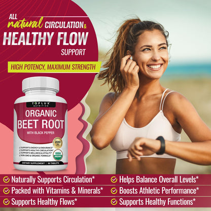 Toplux Organic Beet Root Powder Tablets - 2040mg Natural Nitric Oxide Beets to Support, Energy, Black Pepper Better Absorption, Non-GMO, for Men Women, 90 Tablets - Maple Wellness Supplements