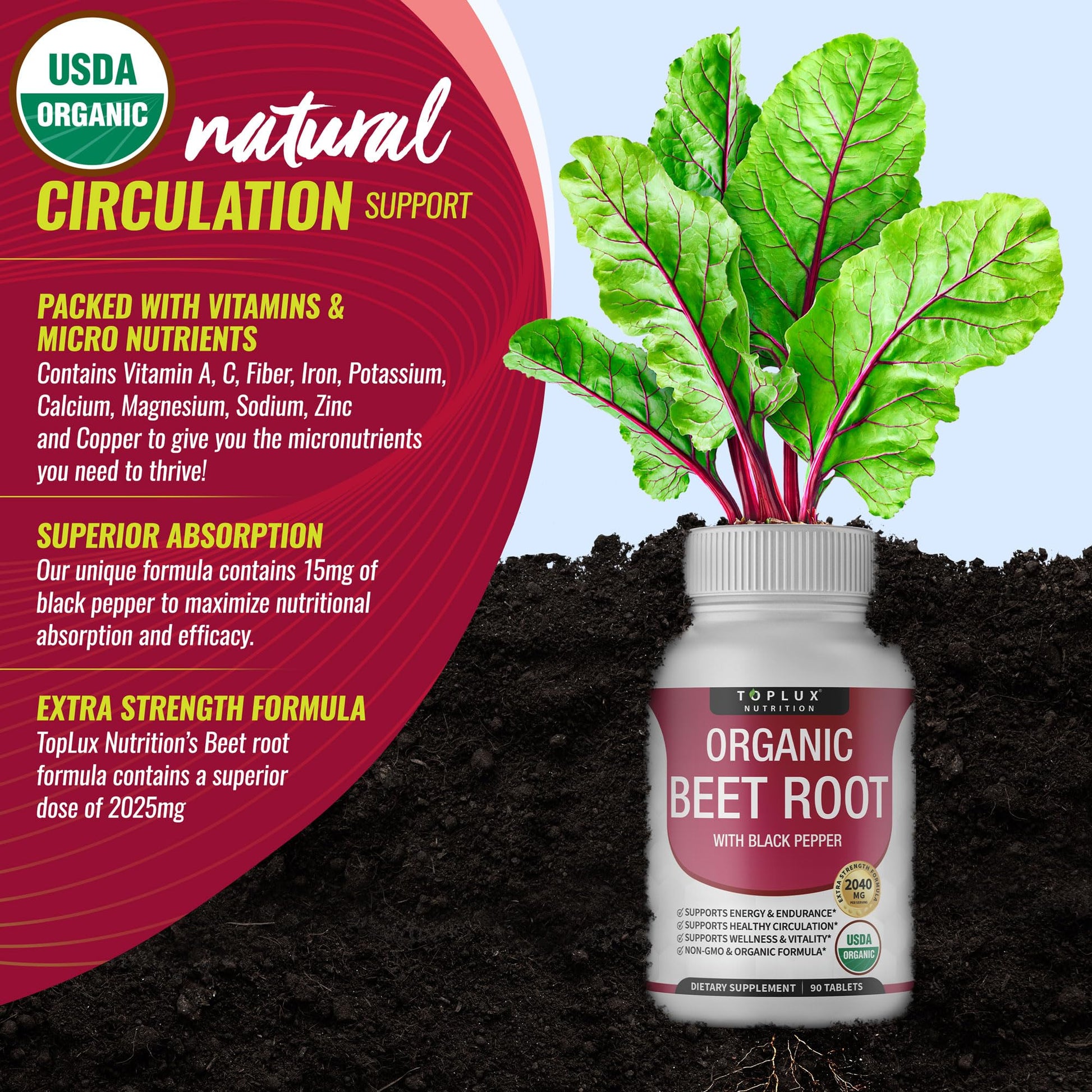 Toplux Organic Beet Root Powder Tablets - 2040mg Natural Nitric Oxide Beets to Support, Energy, Black Pepper Better Absorption, Non-GMO, for Men Women, 90 Tablets - Maple Wellness Supplements