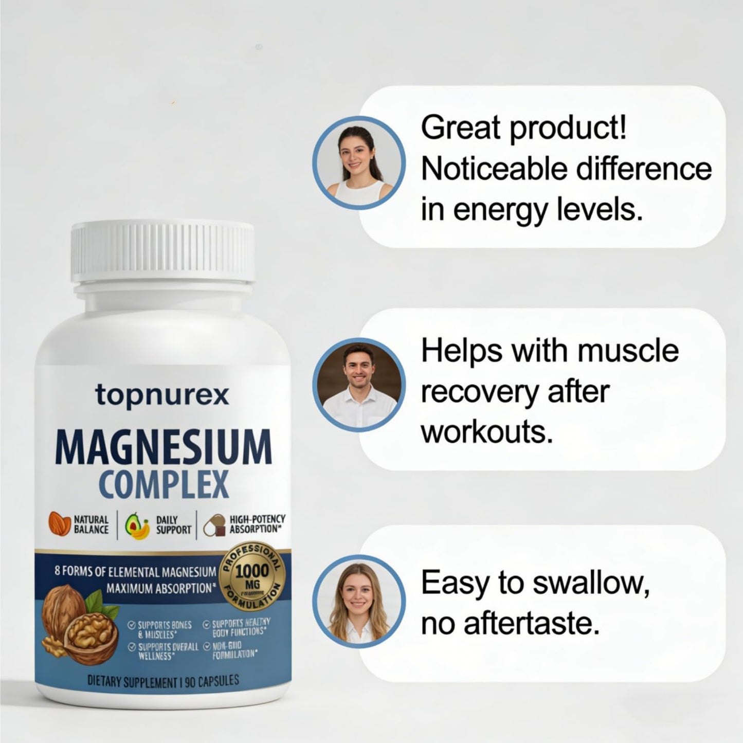 Topnurex Magnesium Complex for Women & Men - 1000mg High Absorption, 8 Essential Magnesium, 90 Capsules - Maple Wellness Supplements