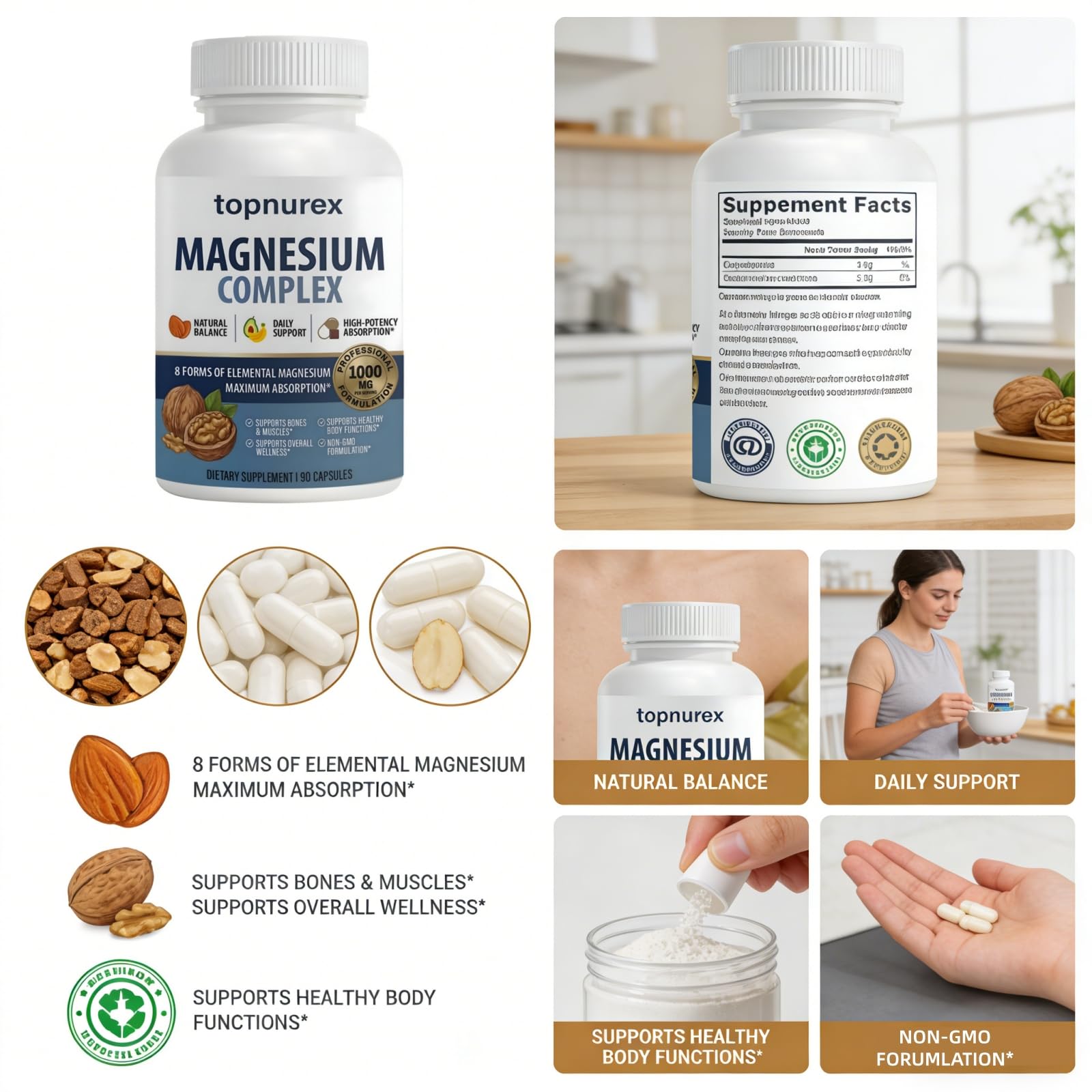Topnurex Magnesium Complex for Women & Men - 1000mg High Absorption, 8 Essential Magnesium, 90 Capsules - Maple Wellness Supplements