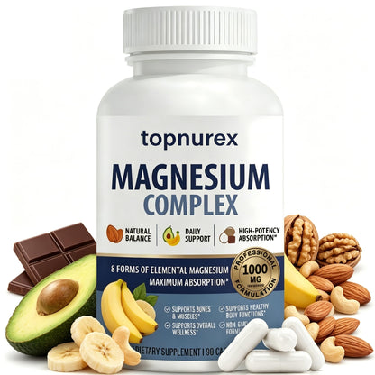 Topnurex Magnesium Complex for Women & Men - 1000mg High Absorption, 8 Essential Magnesium, 90 Capsules - Maple Wellness Supplements