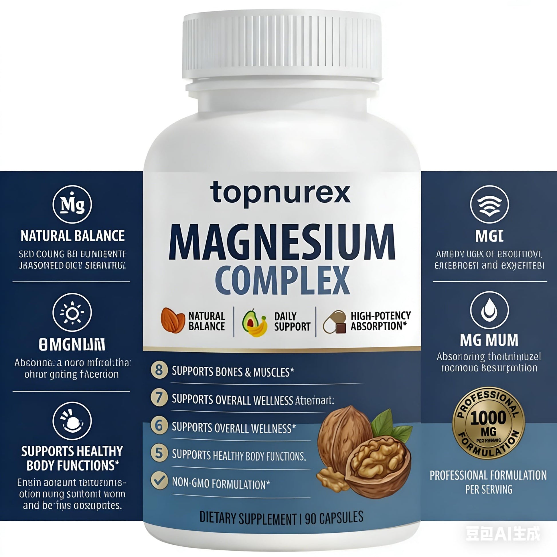 Topnurex Magnesium Complex for Women & Men - 1000mg High Absorption, 8 Essential Magnesium, 90 Capsules - Maple Wellness Supplements