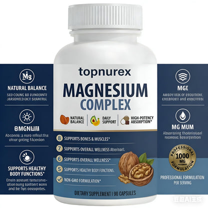 Topnurex Magnesium Complex for Women & Men - 1000mg High Absorption, 8 Essential Magnesium, 90 Capsules - Maple Wellness Supplements