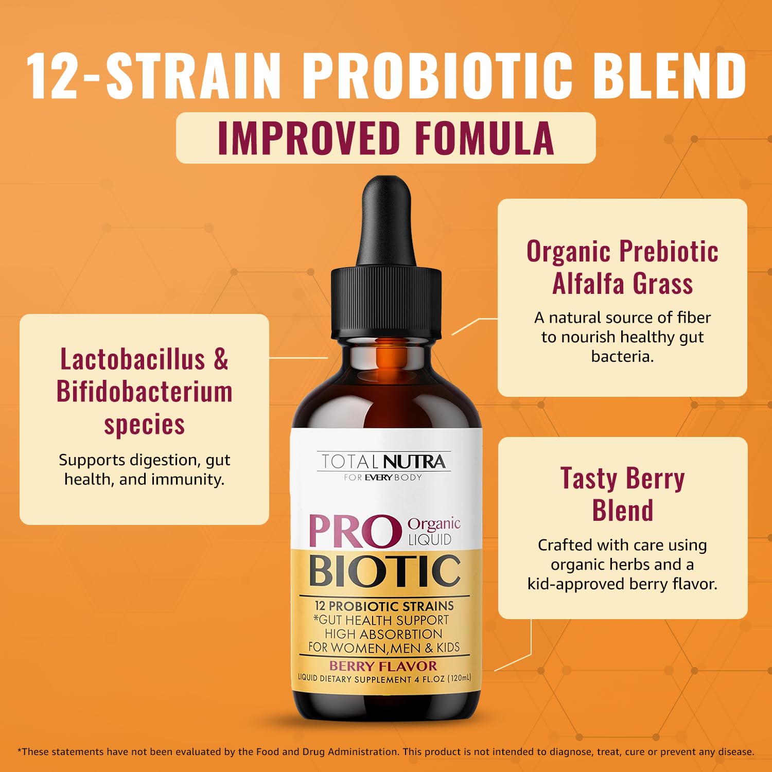 Total Nutra USDA Organic Liquid Probiotic for Kids, Women & Men, Toddler Probiotic Drops with Alfalfa Prebiotic Blend + Acidophilus for Gut Health, Vegan - Maple Wellness Supplements