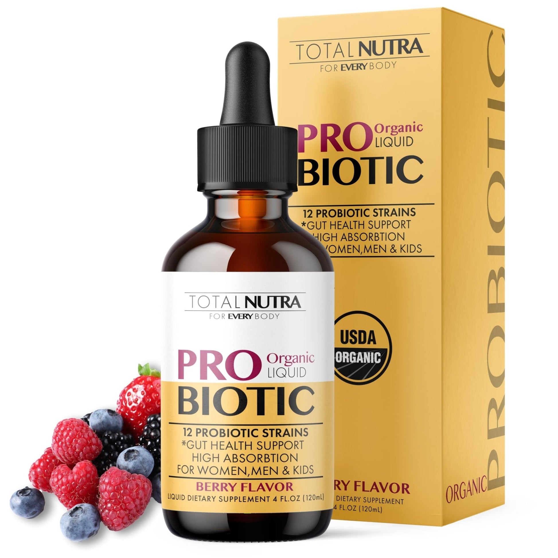 Total Nutra USDA Organic Liquid Probiotic for Kids, Women & Men, Toddler Probiotic Drops with Alfalfa Prebiotic Blend + Acidophilus for Gut Health, Vegan - Maple Wellness Supplements