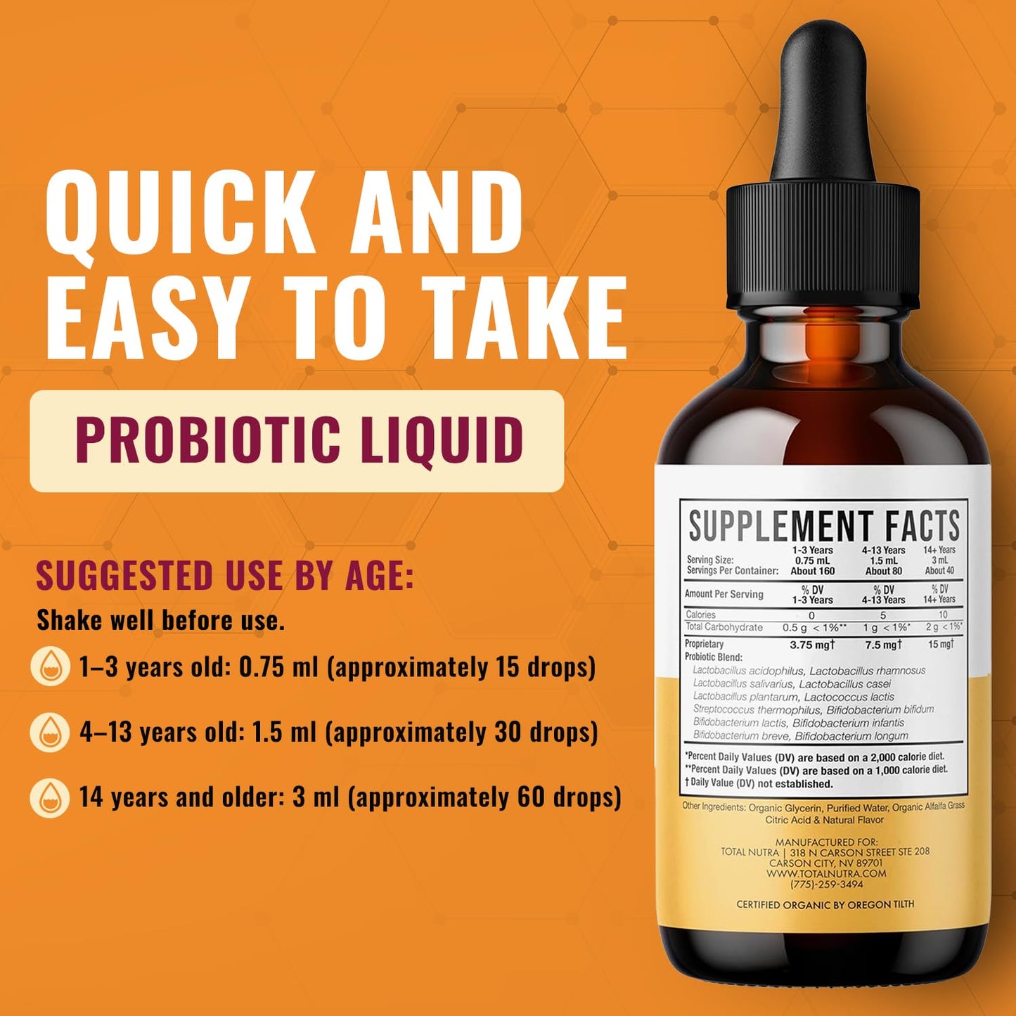 Total Nutra USDA Organic Liquid Probiotic for Kids, Women & Men, Toddler Probiotic Drops with Alfalfa Prebiotic Blend + Acidophilus for Gut Health, Vegan - Maple Wellness Supplements