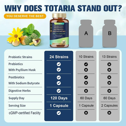 Totaria (2 Packs) 5-in-1 Probiotic Prebiotic & Postbiotic for Women Men, 60 Billion CFU 24 Strains w/Digestive Enzymes, Slippery Elm, Daily Complete Gut Health, Digestive & Immune Support - Maple Wellness Supplements