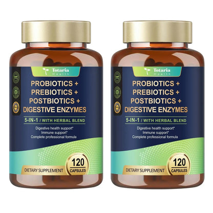 Totaria (2 Packs) 5-in-1 Probiotic Prebiotic & Postbiotic for Women Men, 60 Billion CFU 24 Strains w/Digestive Enzymes, Slippery Elm, Daily Complete Gut Health, Digestive & Immune Support - Maple Wellness Supplements