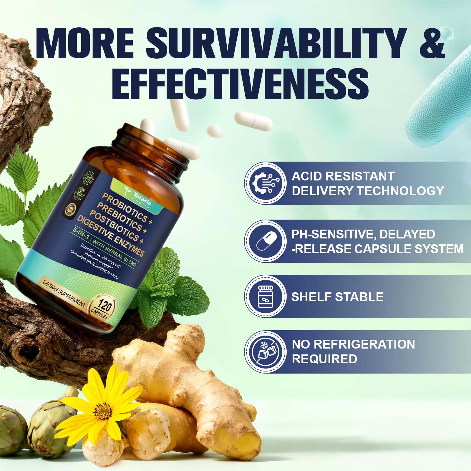 Totaria 5-in-1 60 Billion CFU Probiotic Prebiotic & Postbiotic for Women & Men, w/Digestive Enzymes, Slippery Elm, Daily Complete Gut Health, - Maple Wellness Supplements
