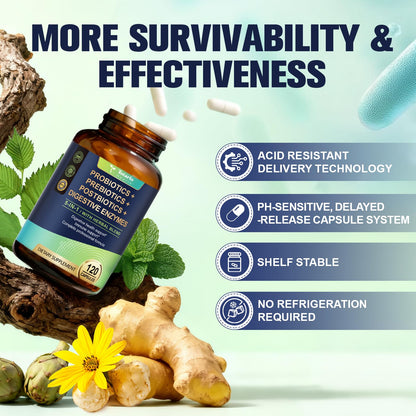 Totaria 5-in-1 60 Billion CFU Probiotic Prebiotic & Postbiotic for Women & Men, w/Digestive Enzymes, Slippery Elm, Daily Complete Gut Health, - Maple Wellness Supplements