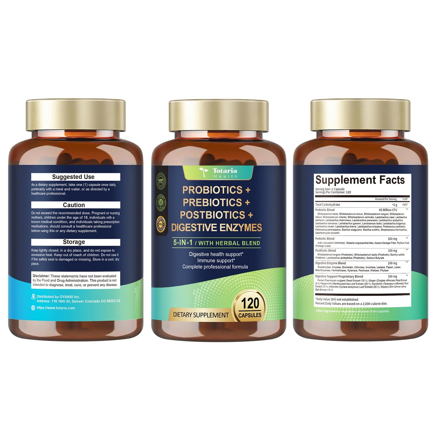 Totaria 5-in-1 60 Billion CFU Probiotic Prebiotic & Postbiotic for Women & Men, w/Digestive Enzymes, Slippery Elm, Daily Complete Gut Health, - Maple Wellness Supplements