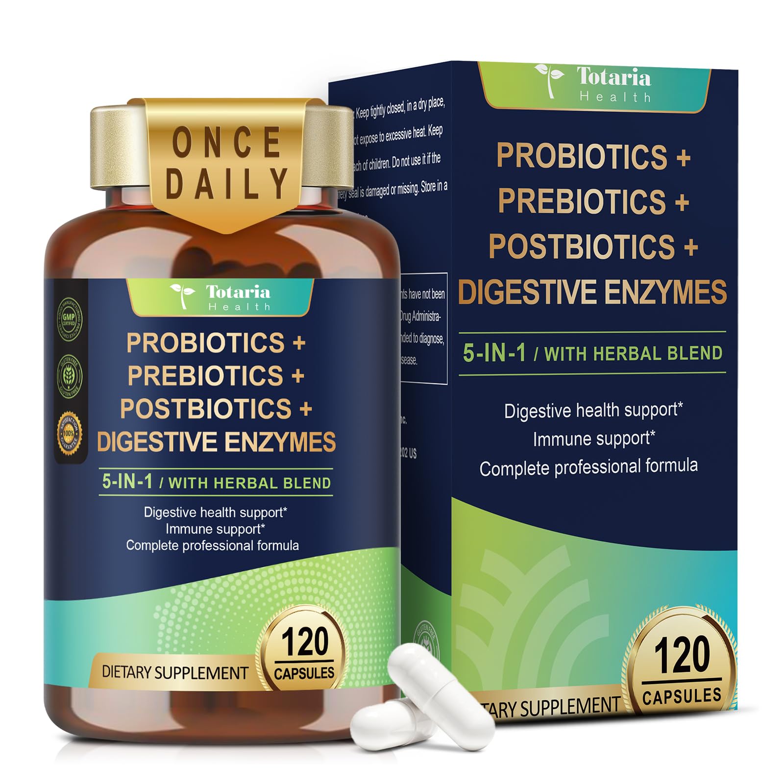 Totaria 5-in-1 60 Billion CFU Probiotic Prebiotic & Postbiotic for Women & Men, w/Digestive Enzymes, Slippery Elm, Daily Complete Gut Health, - Maple Wellness Supplements