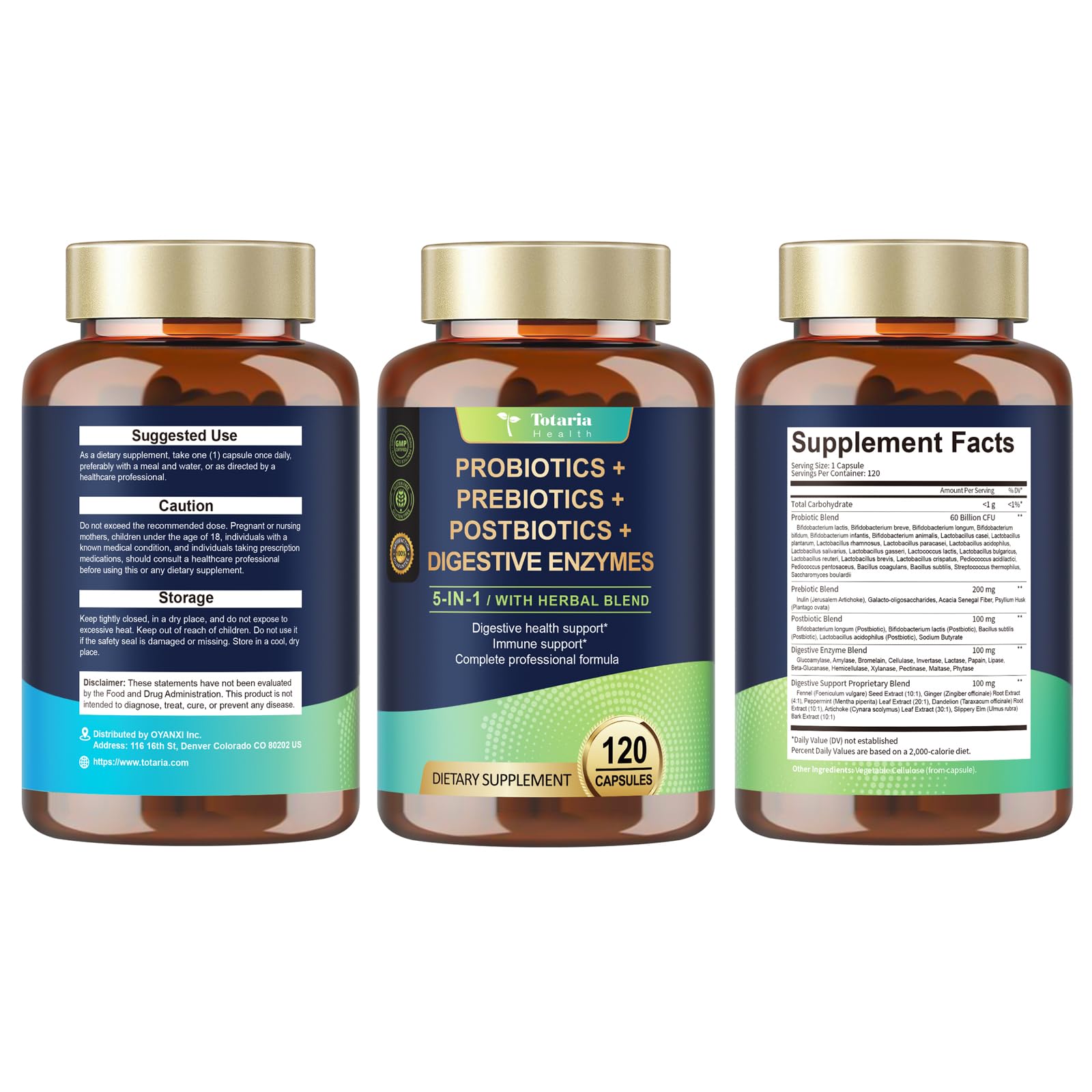 Totaria 5-in-1 Probiotic Prebiotic & Postbiotic for Women Men, 60 Billion CFU 24 Strains w/Digestive Enzymes, Prebiotic Fiber, Slippery Elm - Maple Wellness Supplements