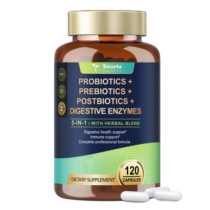 Totaria 5-in-1 Probiotic Prebiotic & Postbiotic for Women Men, 60 Billion CFU 24 Strains w/Digestive Enzymes, Prebiotic Fiber, Slippery Elm - Maple Wellness Supplements