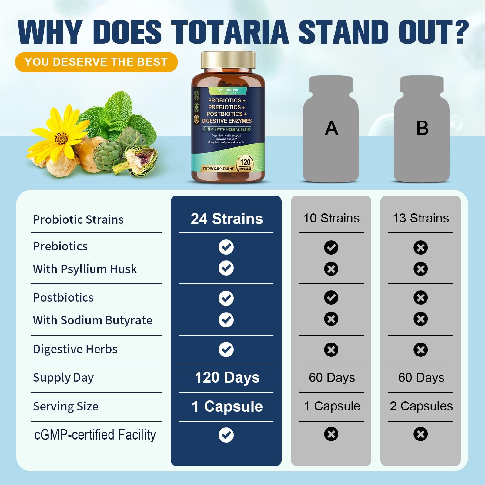 Totaria 5-in-1 Probiotic Prebiotic & Postbiotic for Women Men, 60 Billion CFU 24 Strains w/Digestive Enzymes, Prebiotic Fiber, Slippery Elm - Maple Wellness Supplements